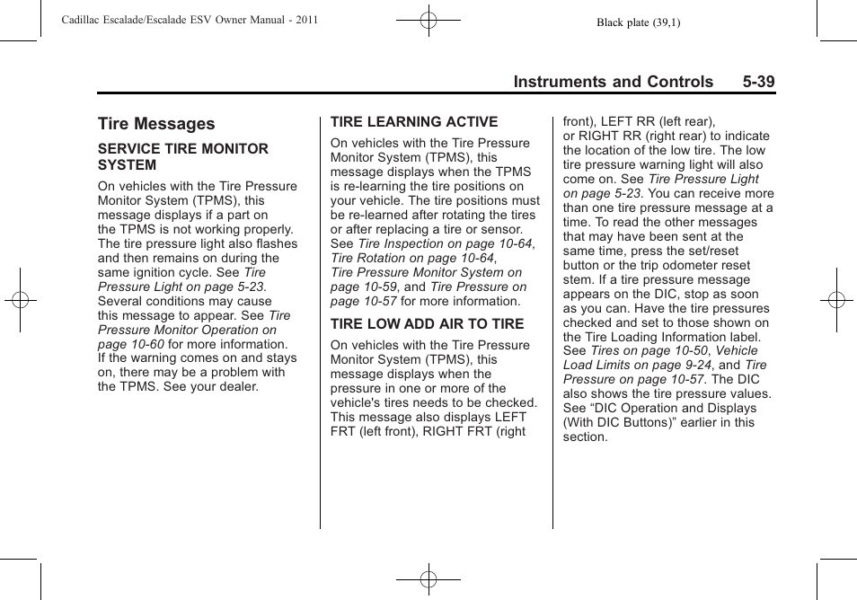 Tire messages, Tire messages -39 | Cadillac 2011 Escalade ESV User Manual | Page 177 / 558