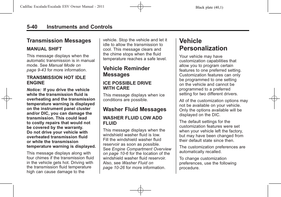 Transmission messages, Vehicle reminder messages, Washer fluid messages | Vehicle personalization, Vehicle personalization -40, Brakes, Ransmission messages -40, Ehicle reminder, Washer fluid messages -40, Steering | Cadillac 2011 Escalade ESV User Manual | Page 178 / 558