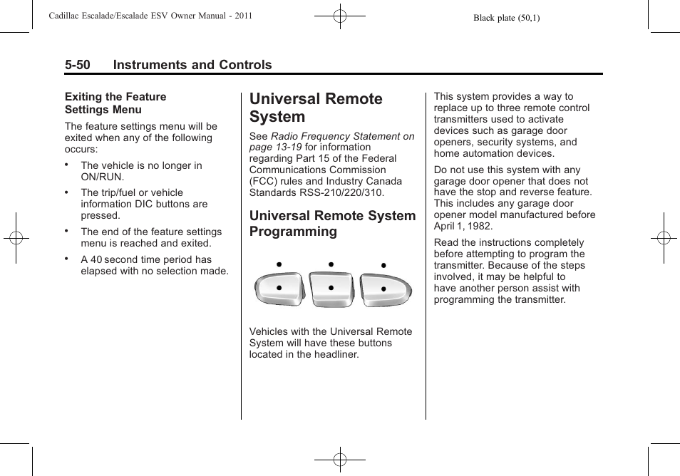 Universal remote system, Universal remote system programming, Universal remote system -50 | Ride control, Remote system, Programming -50, 50 instruments and controls | Cadillac 2011 Escalade ESV User Manual | Page 188 / 558