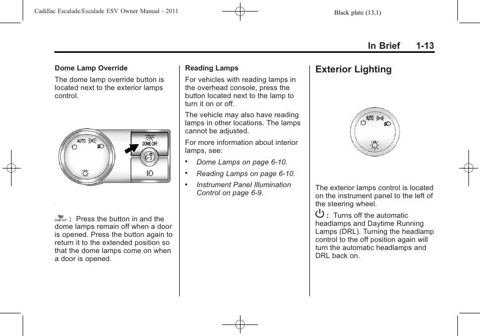 Exterior lighting, Exterior lighting -13 | Cadillac 2011 Escalade ESV User Manual | Page 19 / 558