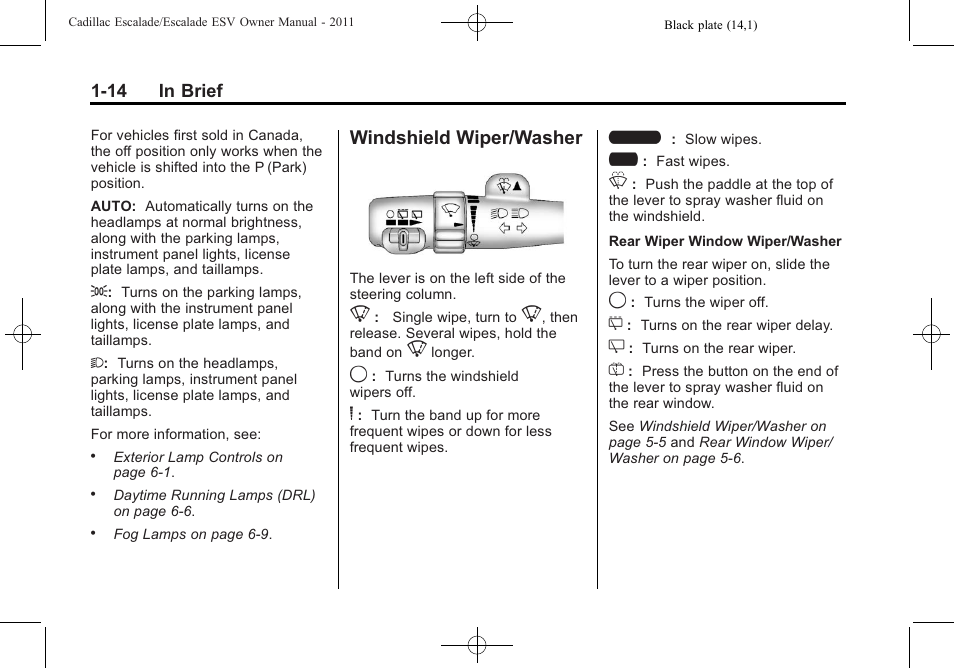 Windshield wiper/washer, Windshield wiper/washer -14 | Cadillac 2011 Escalade ESV User Manual | Page 20 / 558