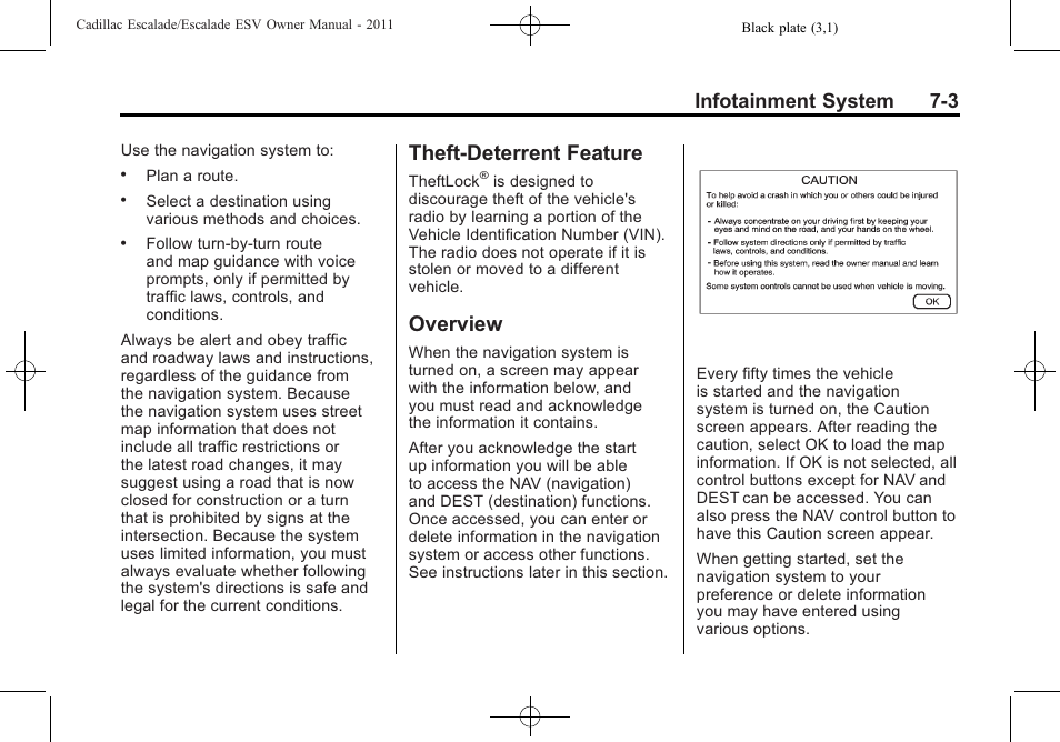 Theft-deterrent feature, Overview, Theft-deterrent feature -3 overview -3 | System, Infotainment system 7-3 | Cadillac 2011 Escalade ESV User Manual | Page 209 / 558