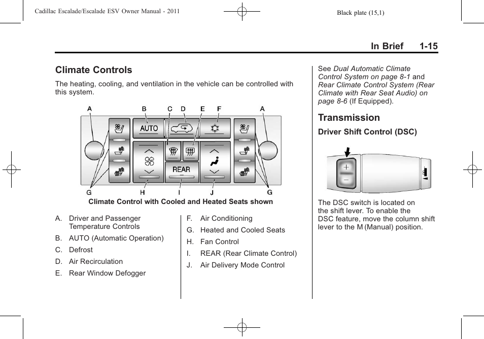 Climate controls, Transmission, Climate controls -15 transmission -15 | Cadillac 2011 Escalade ESV User Manual | Page 21 / 558