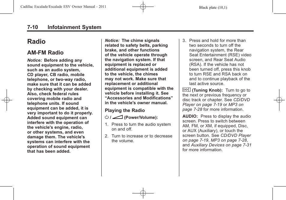 Radio, Am-fm radio, Radio -10 | Vehicle checks, Am-fm radio -10, Using the | Cadillac 2011 Escalade ESV User Manual | Page 216 / 558