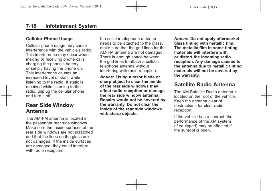 Rear side window antenna, Satellite radio antenna, Rear side window | Antenna -18, Satellite radio antenna -18 | Cadillac 2011 Escalade ESV User Manual | Page 224 / 558