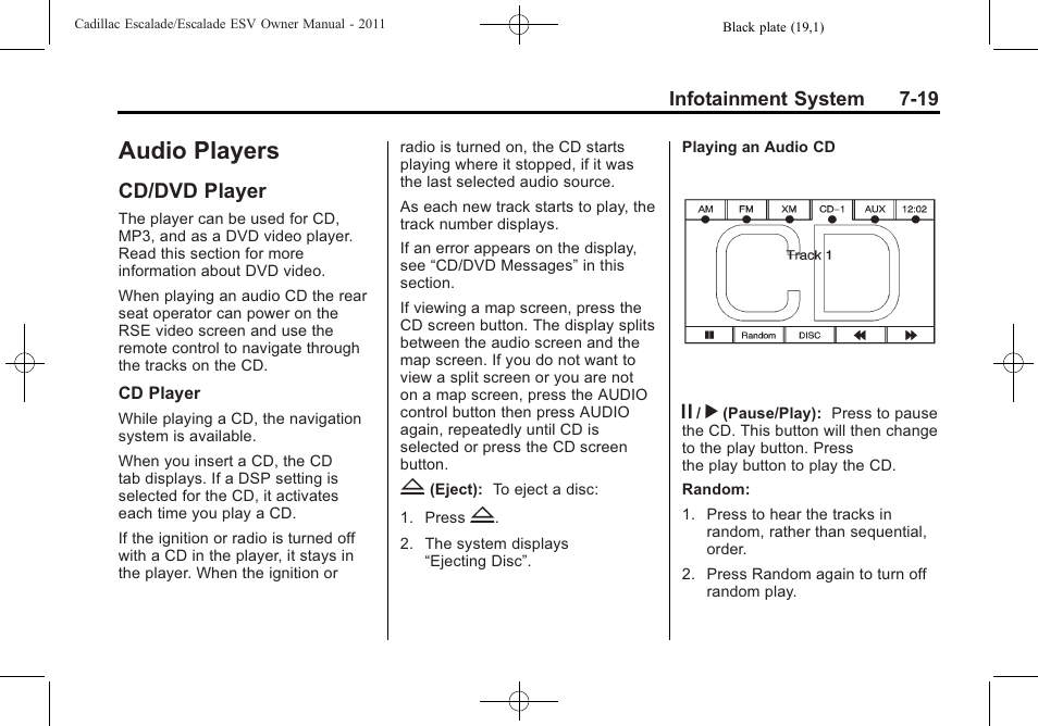 Audio players, Cd/dvd player, Audio players -19 | Headlamp aiming, Cd/dvd player -19, Vehicle positioning | Cadillac 2011 Escalade ESV User Manual | Page 225 / 558