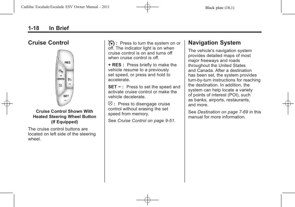 Cruise control, Navigation system, Cruise control -18 navigation system -18 | Cadillac 2011 Escalade ESV User Manual | Page 24 / 558