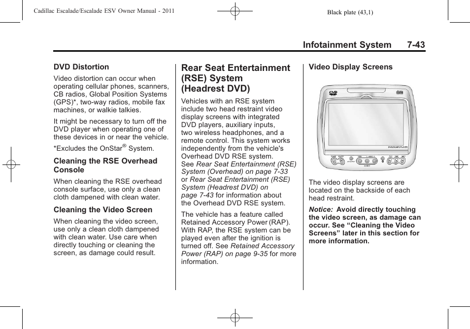 Rear seat entertainment, Rse) system (headrest dvd) -43, Infotainment system 7-43 | Cadillac 2011 Escalade ESV User Manual | Page 249 / 558