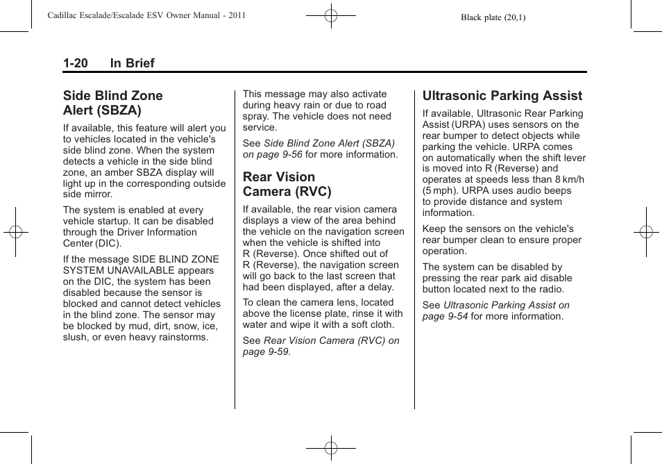 Side blind zone alert (sbza), Rear vision camera (rvc), Ultrasonic parking assist | Side blind zone, Alert (sbza) -20, Rear vision, Camera (rvc) -20, Ultrasonic parking assist -20 | Cadillac 2011 Escalade ESV User Manual | Page 26 / 558