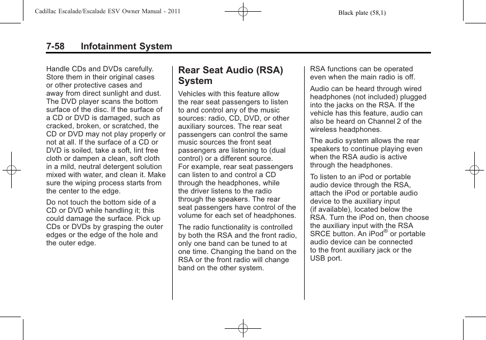 Rear seat audio (rsa) system, Rear seat audio (rsa), 58 infotainment system | Cadillac 2011 Escalade ESV User Manual | Page 264 / 558