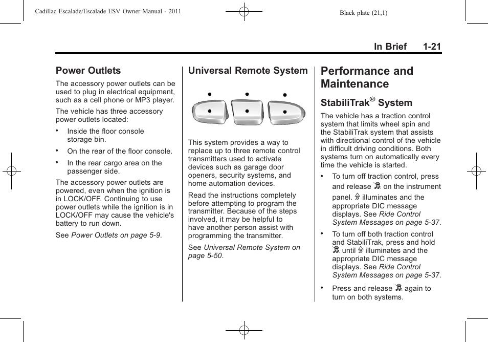 Power outlets, Universal remote system, Performance and maintenance | Stabilitrak® system, Performance and, Maintenance -21, Vehicle messages, Power outlets -21 universal remote system -21, Stabilitrak, System -21 | Cadillac 2011 Escalade ESV User Manual | Page 27 / 558