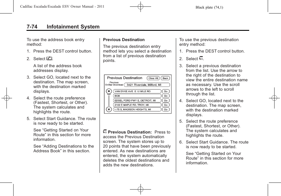 74 infotainment system | Cadillac 2011 Escalade ESV User Manual | Page 280 / 558