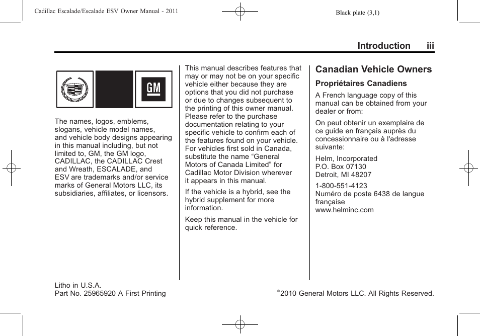 Introduction, Canadian vehicle owners, Introduction iii | Cadillac 2011 Escalade ESV User Manual | Page 3 / 558