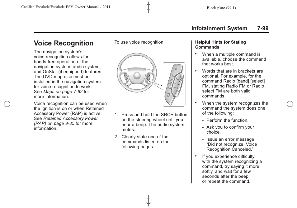 Voice recognition, Wheels, Voice recognition -99 | Infotainment system 7-99 | Cadillac 2011 Escalade ESV User Manual | Page 305 / 558