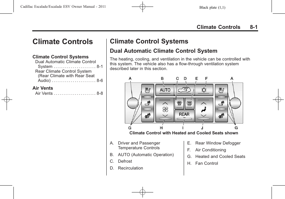 Climate controls, Climate control systems, Dual automatic climate control system | Climate controls -1, Climate control systems -1, Appearance, Dual automatic climate control | Cadillac 2011 Escalade ESV User Manual | Page 315 / 558