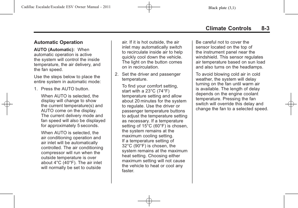 Climate controls 8-3 | Cadillac 2011 Escalade ESV User Manual | Page 317 / 558