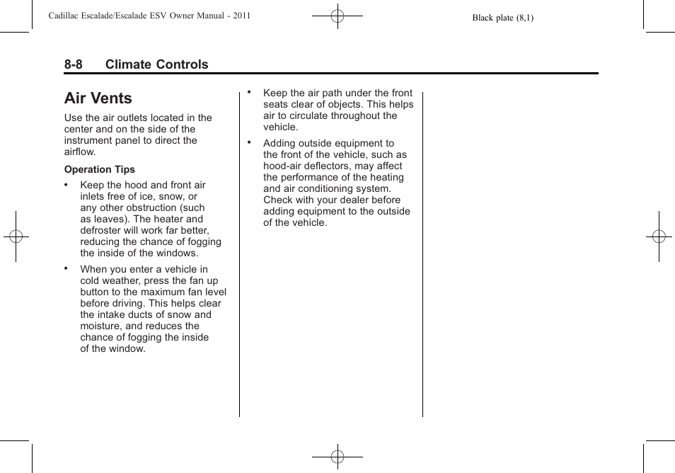 Air vents, Air vents -8, 8 climate controls | Cadillac 2011 Escalade ESV User Manual | Page 322 / 558