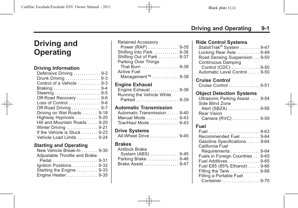 Driving and operating, Driving and operating -1, Driving and operating 9-1 | Cadillac 2011 Escalade ESV User Manual | Page 323 / 558