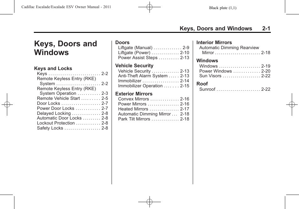 Keys, doors and windows, Keys, doors and windows -1 | Cadillac 2011 Escalade ESV User Manual | Page 33 / 558