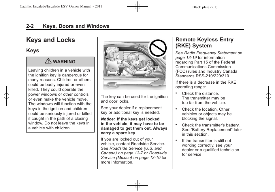 Keys and locks, Keys, Remote keyless entry (rke) system | Keys and locks -2, Keys -2 remote keyless entry (rke), System -2 | Cadillac 2011 Escalade ESV User Manual | Page 34 / 558