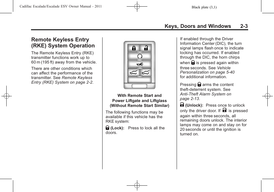 Remote keyless entry (rke) system operation, Remote keyless entry (rke), System operation -3 | Exterior | Cadillac 2011 Escalade ESV User Manual | Page 35 / 558