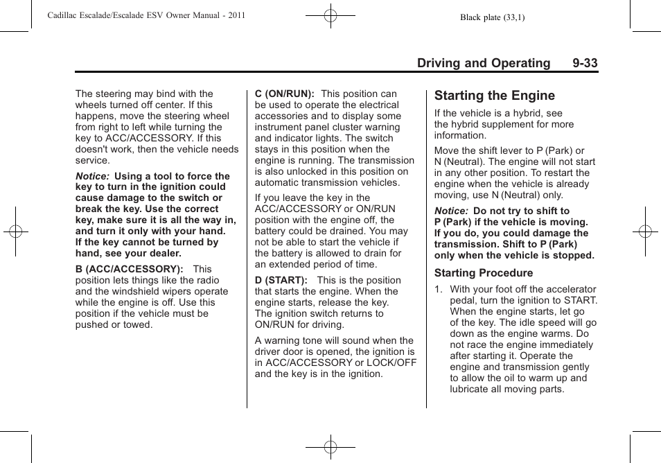 Starting the engine, Starting the engine -33 | Cadillac 2011 Escalade ESV User Manual | Page 355 / 558