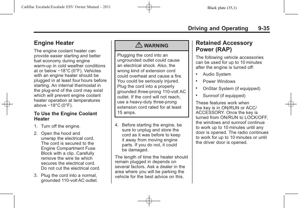 Engine heater, Retained accessory power (rap), Engine heater -35 | Retained accessory, Power (rap) -35, Driving and operating 9-35 | Cadillac 2011 Escalade ESV User Manual | Page 357 / 558