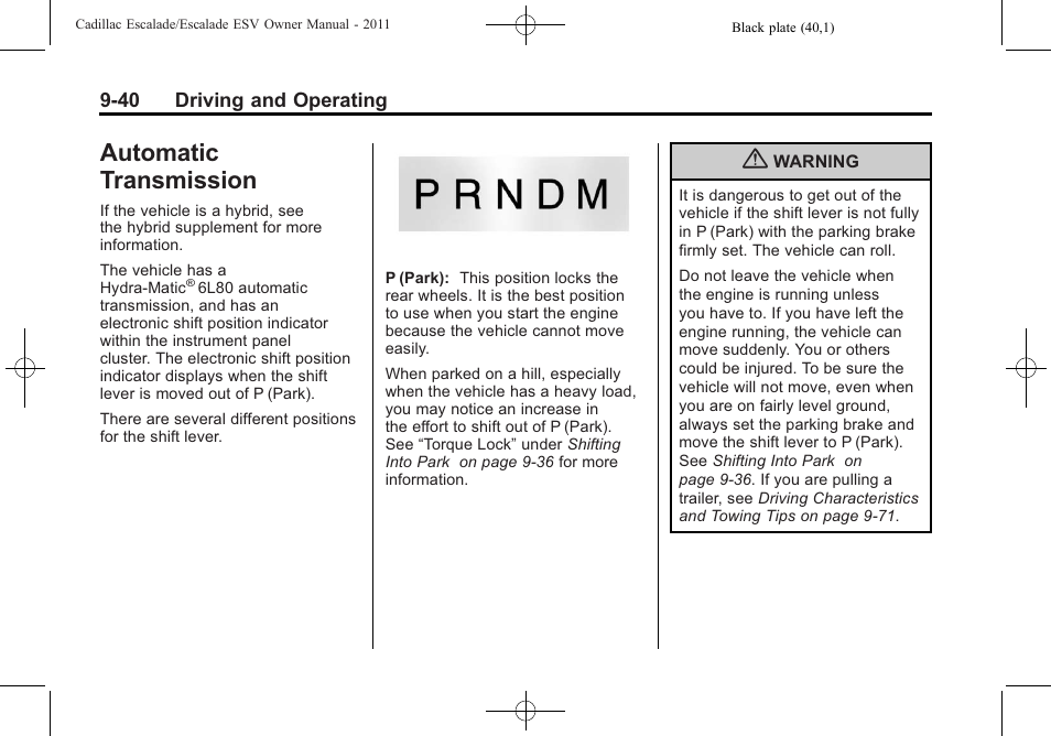 Automatic transmission, Transmission -40, Automatic | Cadillac 2011 Escalade ESV User Manual | Page 362 / 558