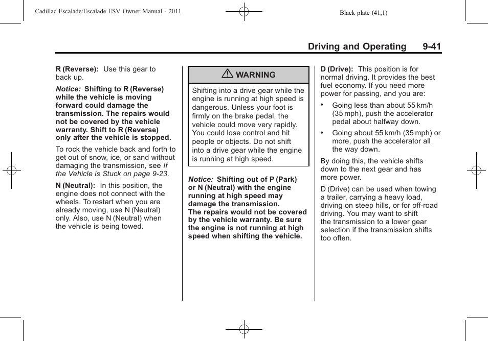 Driving and operating 9-41 | Cadillac 2011 Escalade ESV User Manual | Page 363 / 558