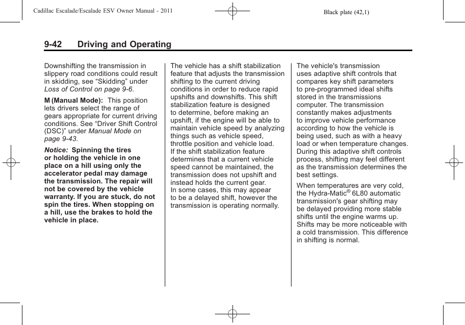 42 driving and operating | Cadillac 2011 Escalade ESV User Manual | Page 364 / 558