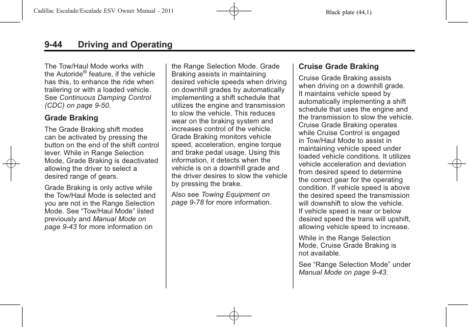 44 driving and operating | Cadillac 2011 Escalade ESV User Manual | Page 366 / 558