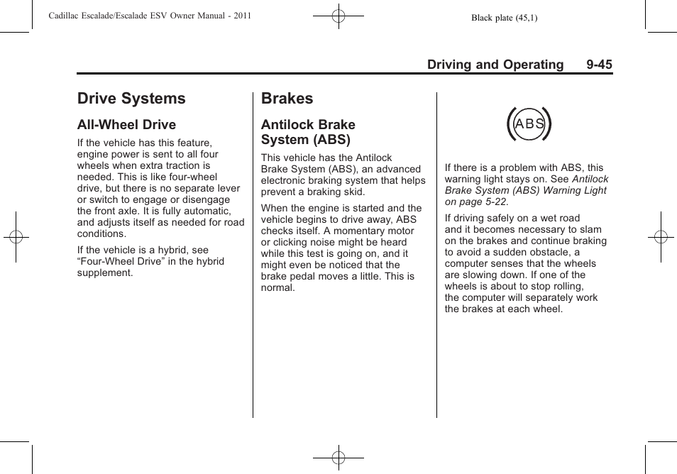 Drive systems, All-wheel drive, Brakes | Antilock brake system (abs), Drive -45, Antilock brake, System (abs) -45, Fuels | Cadillac 2011 Escalade ESV User Manual | Page 367 / 558