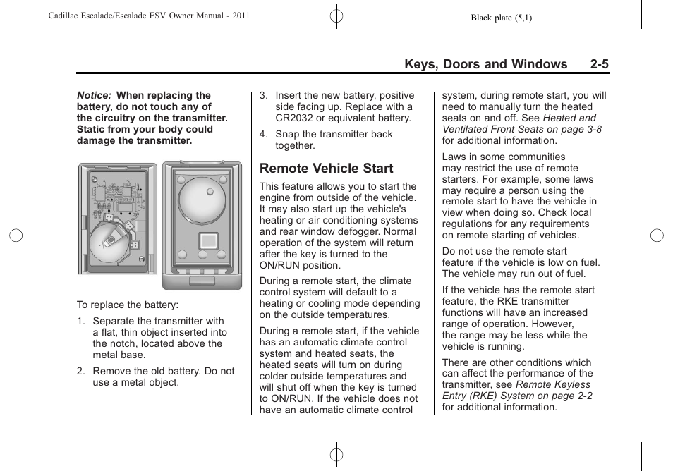 Remote vehicle start, Remote vehicle start -5, Keys, doors and windows 2-5 | Cadillac 2011 Escalade ESV User Manual | Page 37 / 558