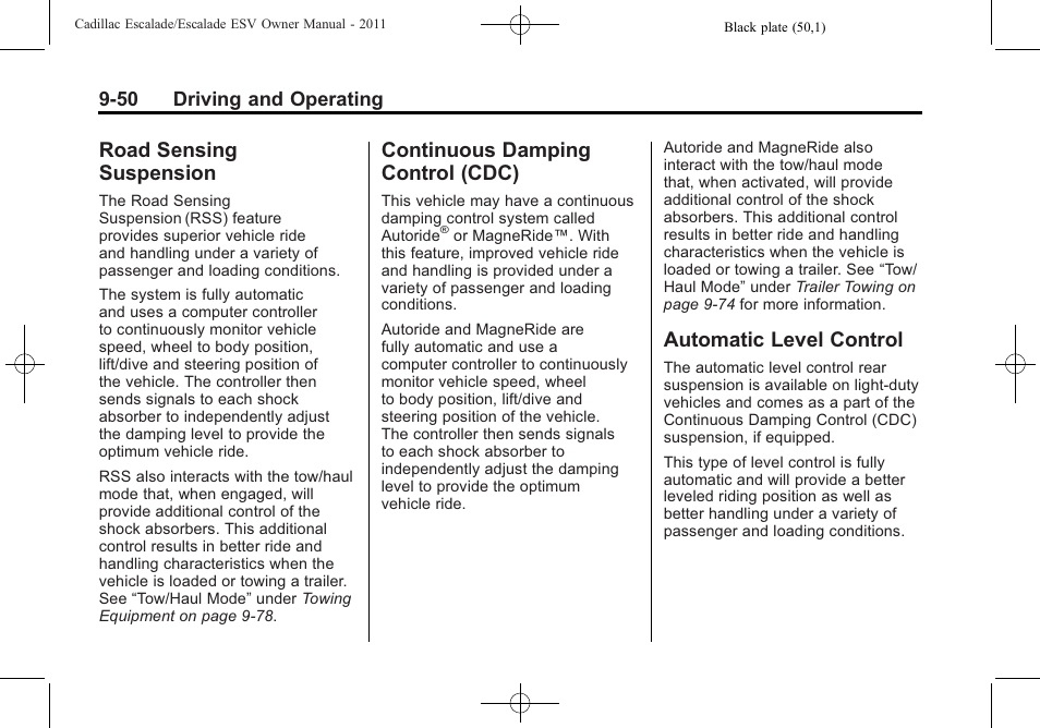 Road sensing suspension, Continuous damping control (cdc), Automatic level control | Road sensing suspension -50 continuous damping, Control (cdc) -50, Automatic level control -50 | Cadillac 2011 Escalade ESV User Manual | Page 372 / 558