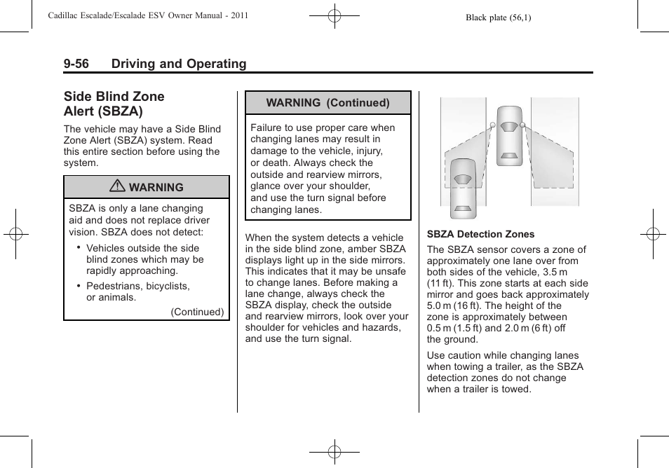 Side blind zone alert (sbza), Side blind zone, Alert (sbza) -56 | Cadillac 2011 Escalade ESV User Manual | Page 378 / 558