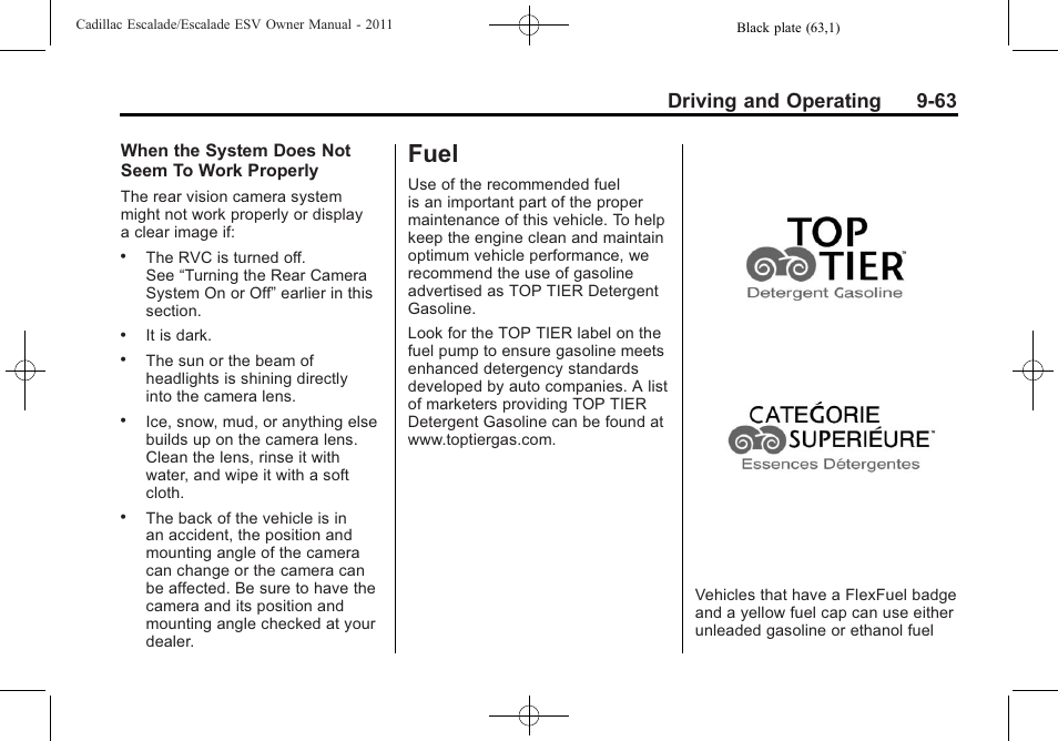 Fuel, Fuel -63, Driving and operating 9-63 | Cadillac 2011 Escalade ESV User Manual | Page 385 / 558