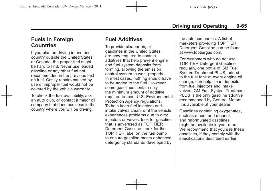 Fuels in foreign countries, Fuel additives, In foreign countries -65 fuel additives -65 | Cadillac 2011 Escalade ESV User Manual | Page 387 / 558