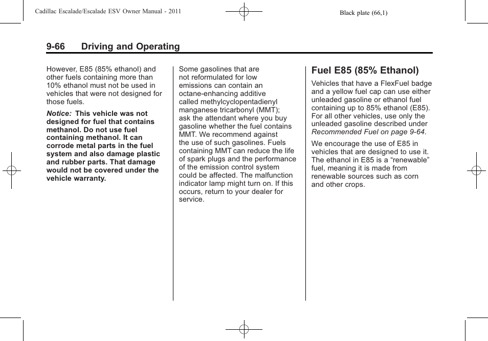 Fuel e85 (85% ethanol), Fuel e85 (85% ethanol) -66 | Cadillac 2011 Escalade ESV User Manual | Page 388 / 558