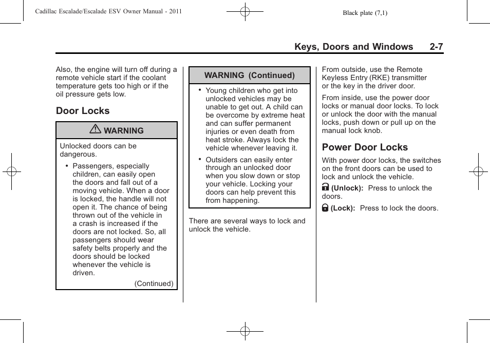 Door locks, Power door locks, Door locks -7 power door locks -7 | Cadillac 2011 Escalade ESV User Manual | Page 39 / 558