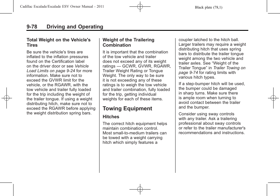 Towing equipment, Towing equipment -78, Step in driving defensively | Cadillac 2011 Escalade ESV User Manual | Page 400 / 558