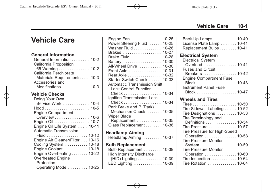 Vehicle care, Vehicle care -1, Vehicle care 10-1 | Cadillac 2011 Escalade ESV User Manual | Page 405 / 558