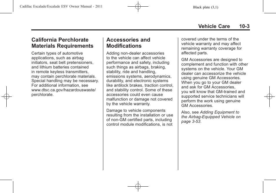 California perchlorate materials requirements, Accessories and modifications, California perchlorate | Materials requirements -3, Accessories and, Modifications -3 | Cadillac 2011 Escalade ESV User Manual | Page 407 / 558