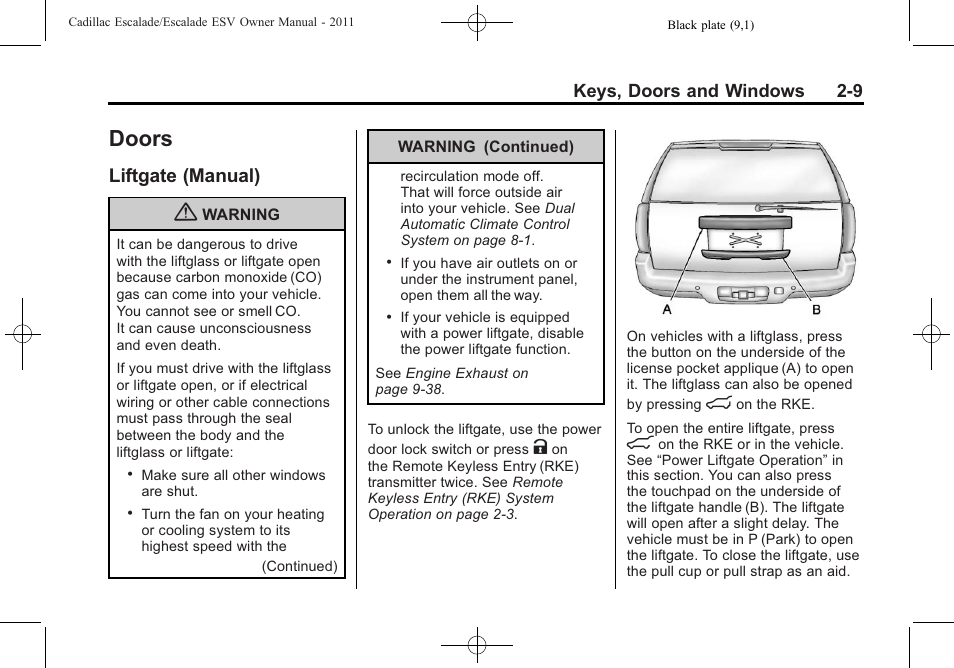 Doors, Liftgate (manual), Doors -9 | Lighting, Liftgate (manual) -9 | Cadillac 2011 Escalade ESV User Manual | Page 41 / 558