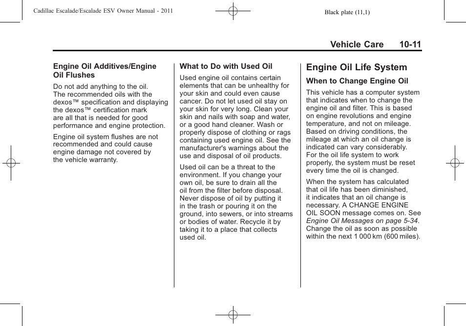 Engine oil life system, Engine oil life system -11, Glass | Cadillac 2011 Escalade ESV User Manual | Page 415 / 558