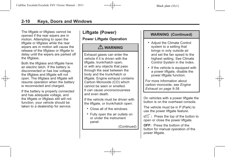 Liftgate (power), Liftgate (power) -10, Mirror | 10 keys, doors and windows | Cadillac 2011 Escalade ESV User Manual | Page 42 / 558