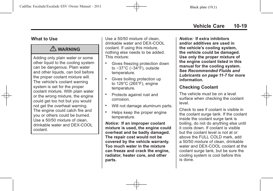 Vehicle care 10-19 | Cadillac 2011 Escalade ESV User Manual | Page 423 / 558