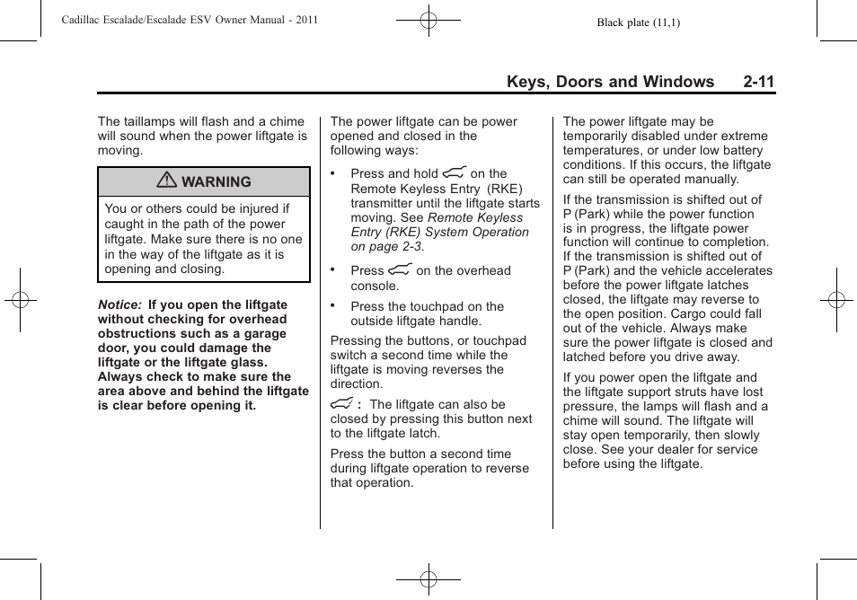 Keys, doors and windows 2-11 | Cadillac 2011 Escalade ESV User Manual | Page 43 / 558