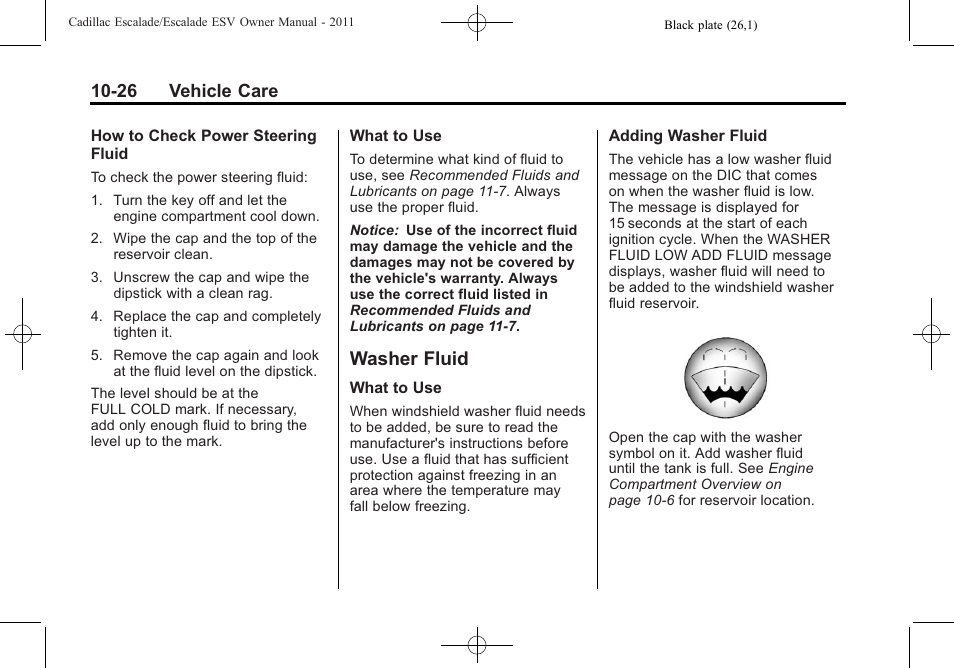 Washer fluid, Washer fluid -26, Replacement | 26 vehicle care | Cadillac 2011 Escalade ESV User Manual | Page 430 / 558