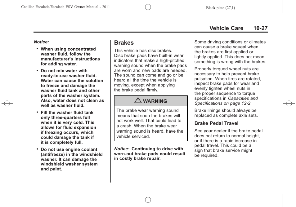 Brakes, Brakes -27, Vehicle care 10-27 | Cadillac 2011 Escalade ESV User Manual | Page 431 / 558