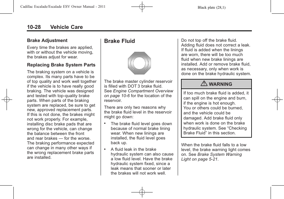 Brake fluid, Brake fluid -28, Electrical | Cadillac 2011 Escalade ESV User Manual | Page 432 / 558